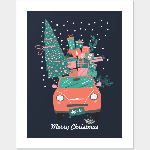 Christmas tree and gifts in a car ho ho ho! - Happy Christmas and a happy new year! - Available in stickers, clothing, etc Wall Art by Crazy Collective